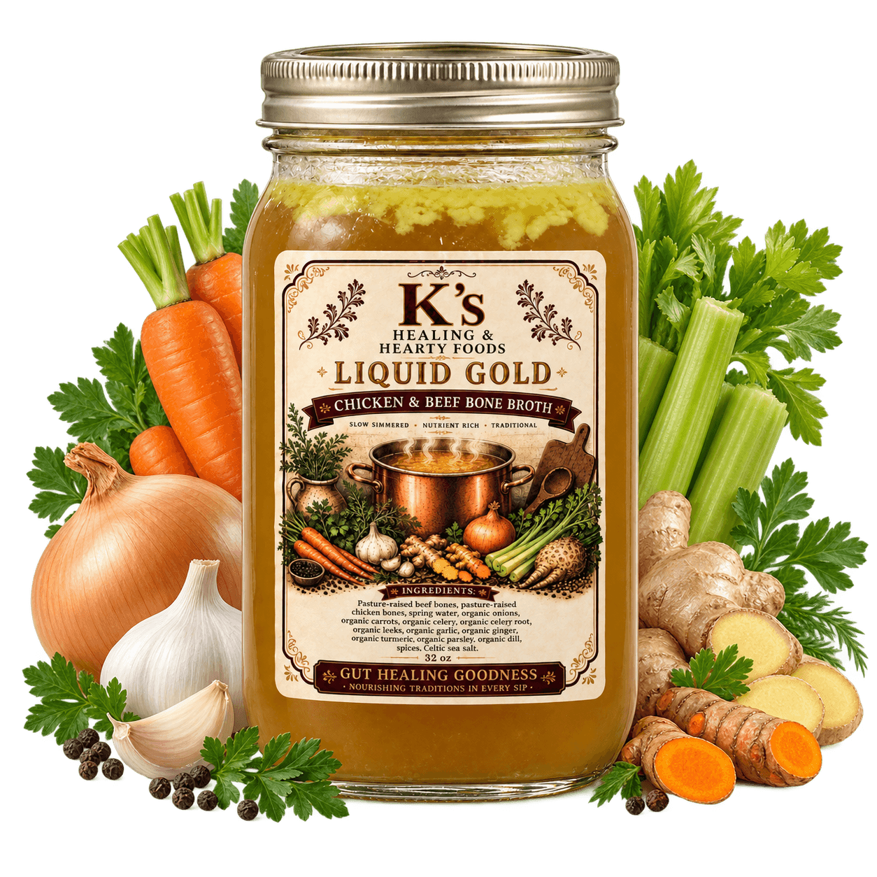 Liquid Gold bone broth jar surrounded by carrots, onion, garlic, celery, ginger and turmeric