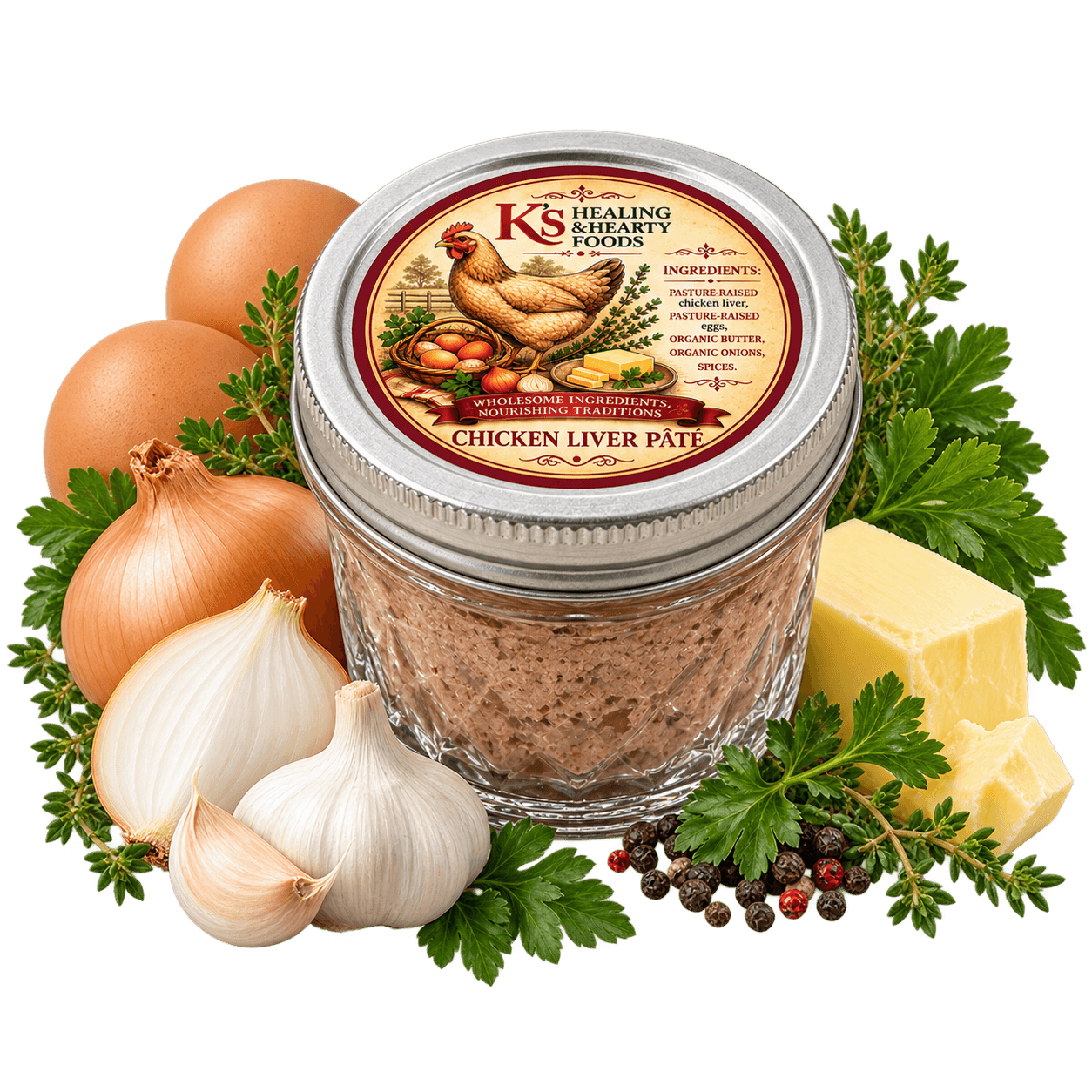 Chicken liver pâté jar with eggs, onions, garlic, butter and herbs