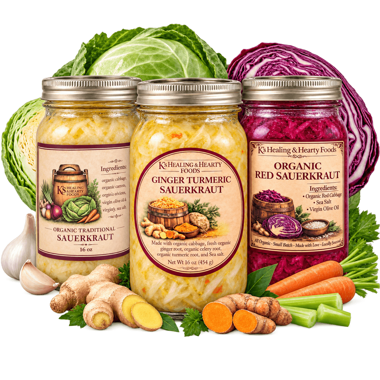 Traditional, ginger turmeric and red sauerkraut jars with cabbage, ginger, turmeric and carrots